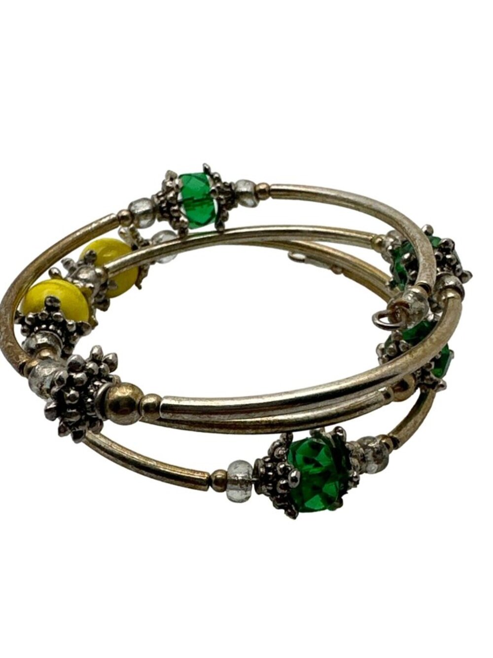 Green Yellow Bead Coil Bracelet Bangle Gold Tone Small Vintage